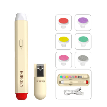 Horigen Baby Electric Nail Trimmer for Baby, Gentle Nail Trimmer Kit Rechargeable, 6 Replaceable Grinding Heads, LED Light (Beige)